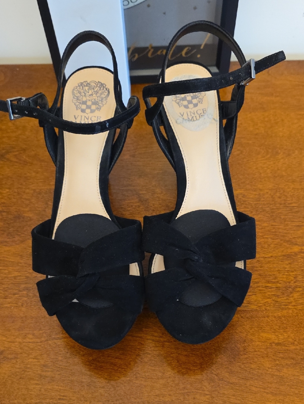 Vince Camuto Black Suede Knot Front Ankle Strap Sandals